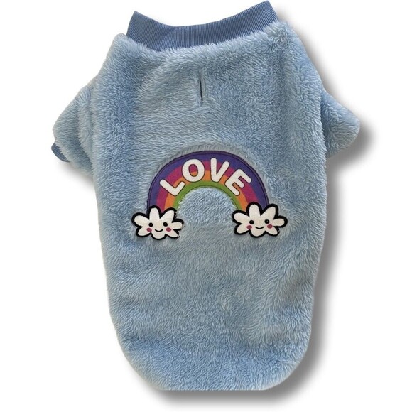 NWOT Dog Sweater (Medium) Love Smile Rainbow | Light Blue Faux Fur Pullover Soft - Picture 1 of 5